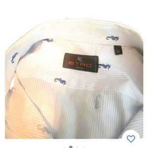 Etro Men Designer Blue and white shirt with seahorses 16/41. Made In Italy!